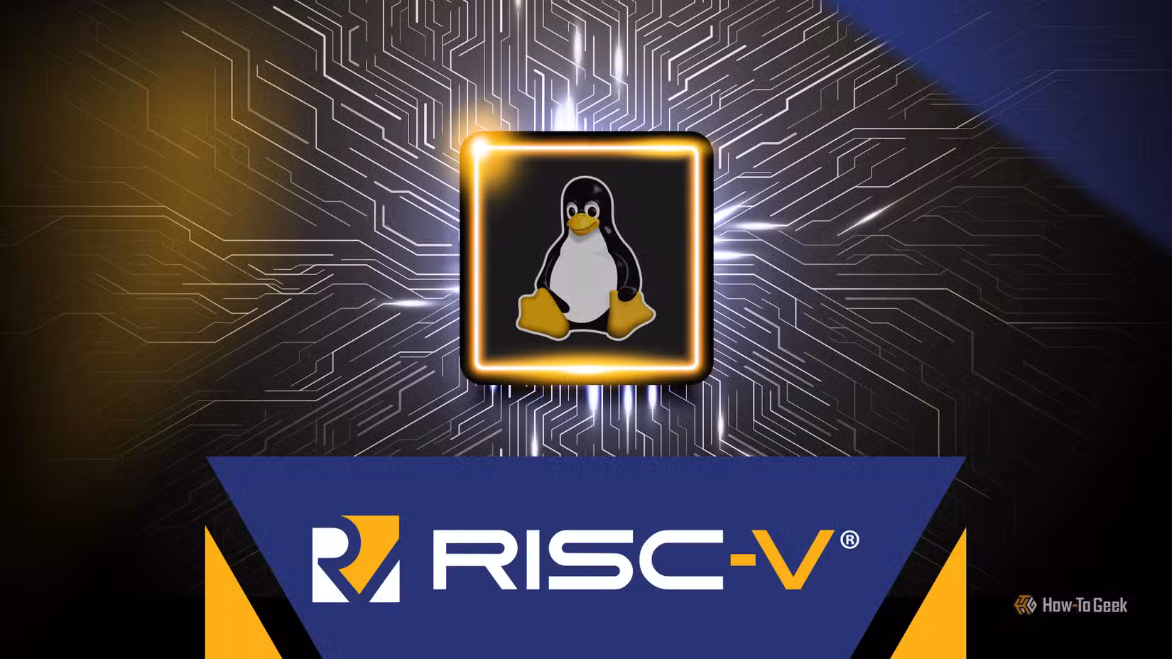 Stylized illustration of the Linux Tux mascot inside a glowing chip, with circuitry in the background and the RISC-V logo displayed prominently below.