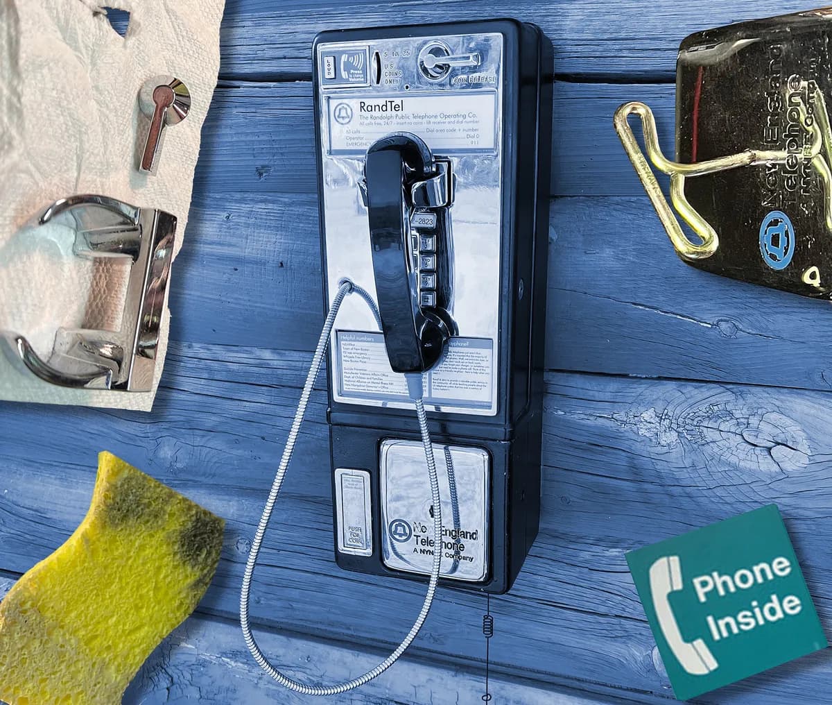 Payphone with assorted objects including a door handle, sponge, and phone sign on blue wood wall.