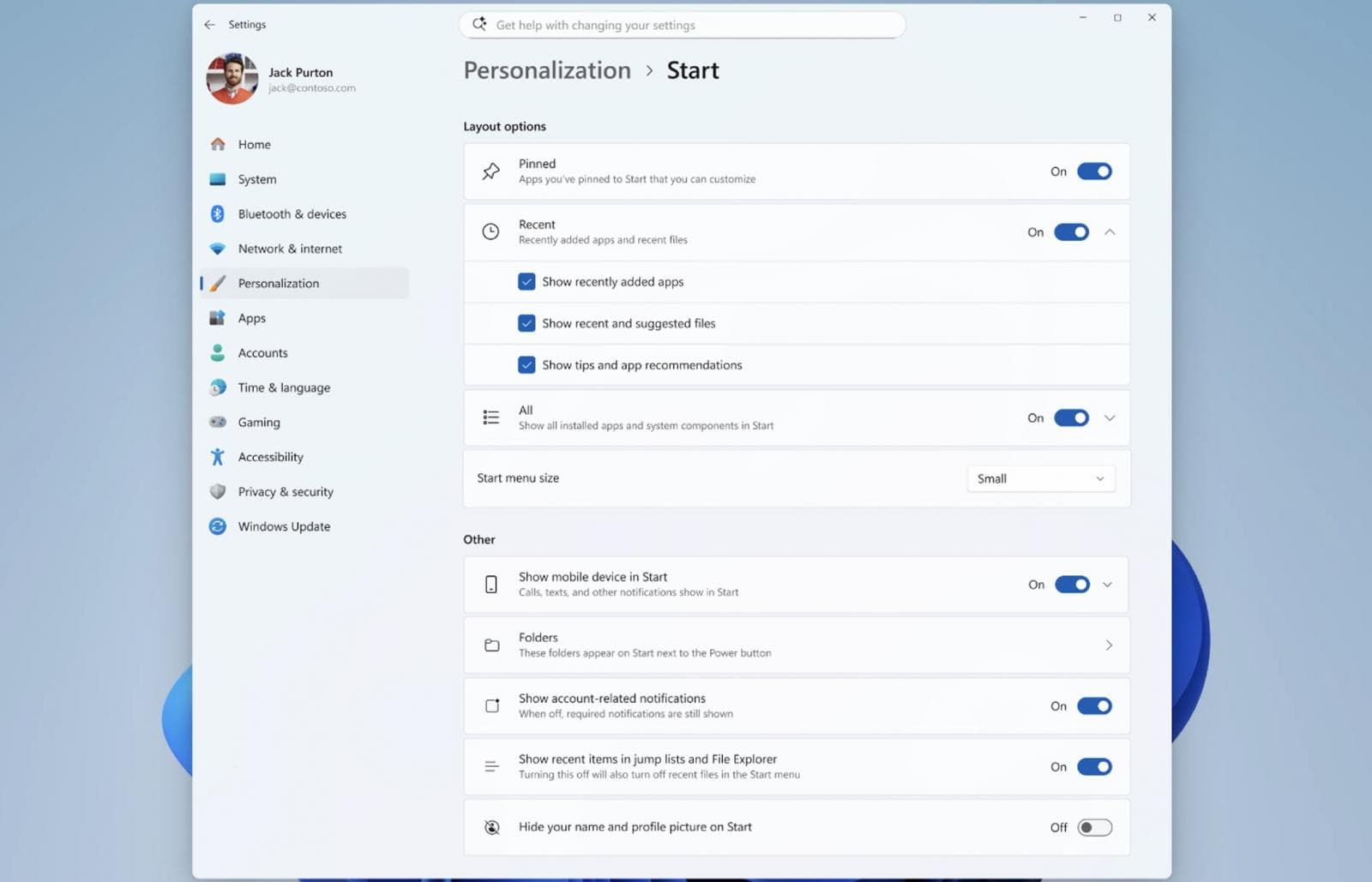 New Start menu settings
