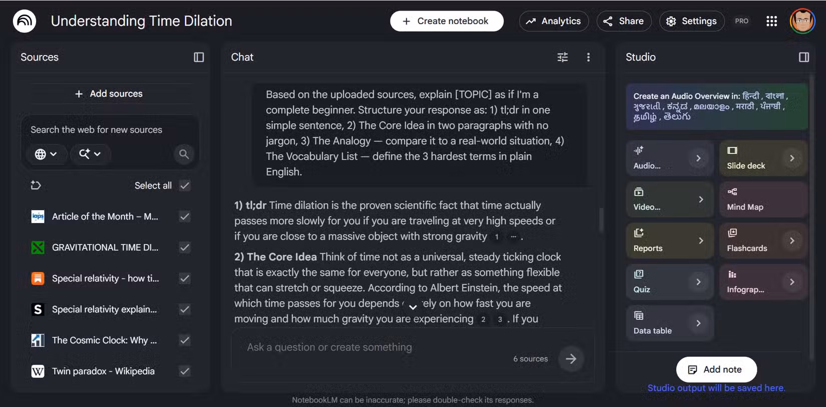 NotebookLM chat showing a structured beginner prompt response with tl;dr, analogy, and vocabulary sections.