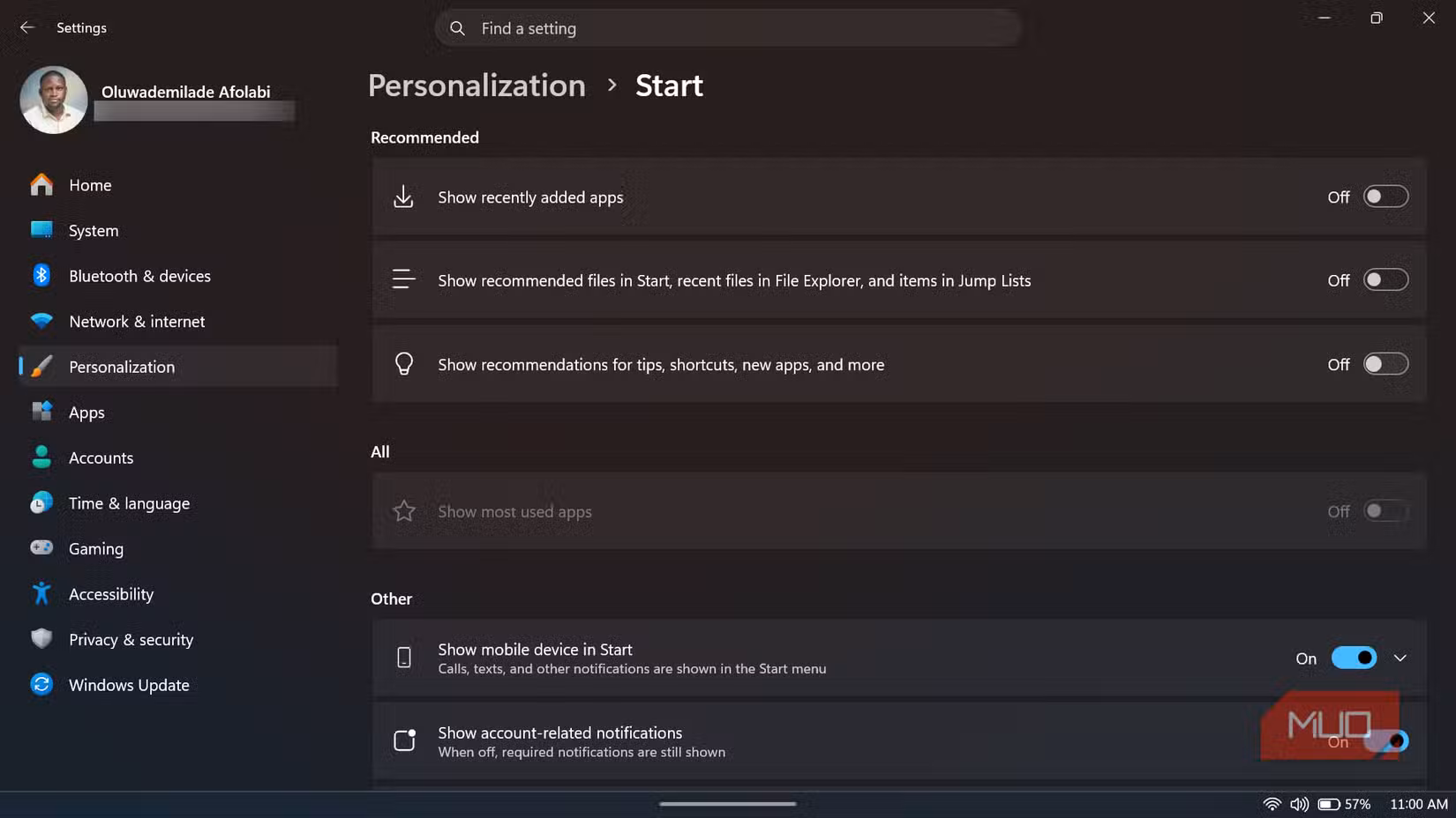Windows 11 Start menu settings showing recommendations and recently added apps turned off.
