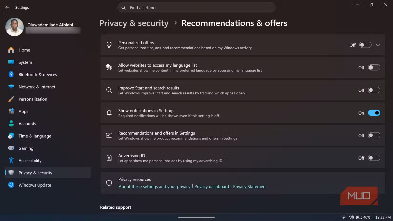 Windows 11 Privacy & security settings.