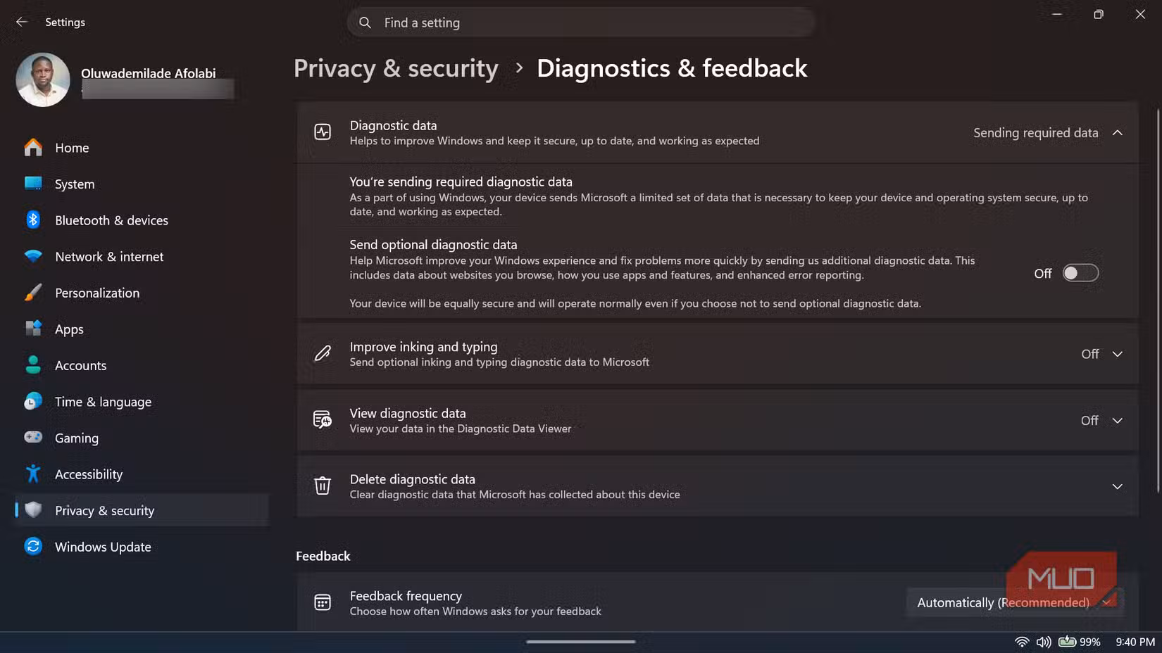 Windows 11 Diagnostics & feedback settings with optional diagnostic data sending turned off.