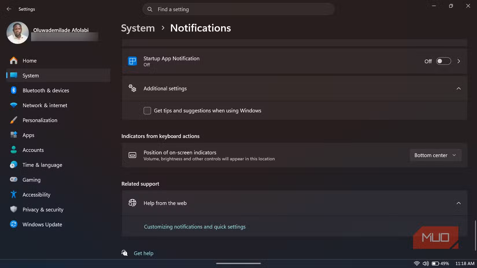 Windows 11 Notifications settings with Get tips and suggestions when using Windows unchecked.