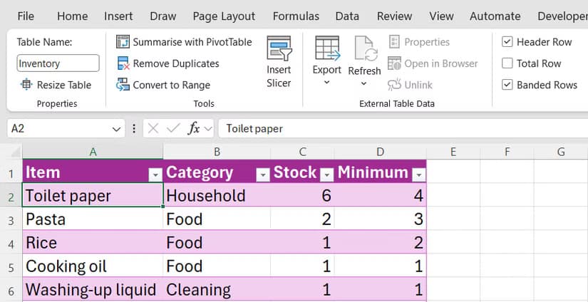 Excel Table Design tab showing the Table Name field with the name Inventory entered above a list of household items.