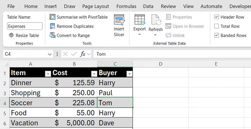 Excel Table Design tab showing the Table Name field with the name Expenses entered above a list of shared costs.