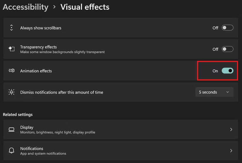 Windows 11 Accessibility visual effects settings page with the “Animation effects” toggle highlighted in red and switched on.