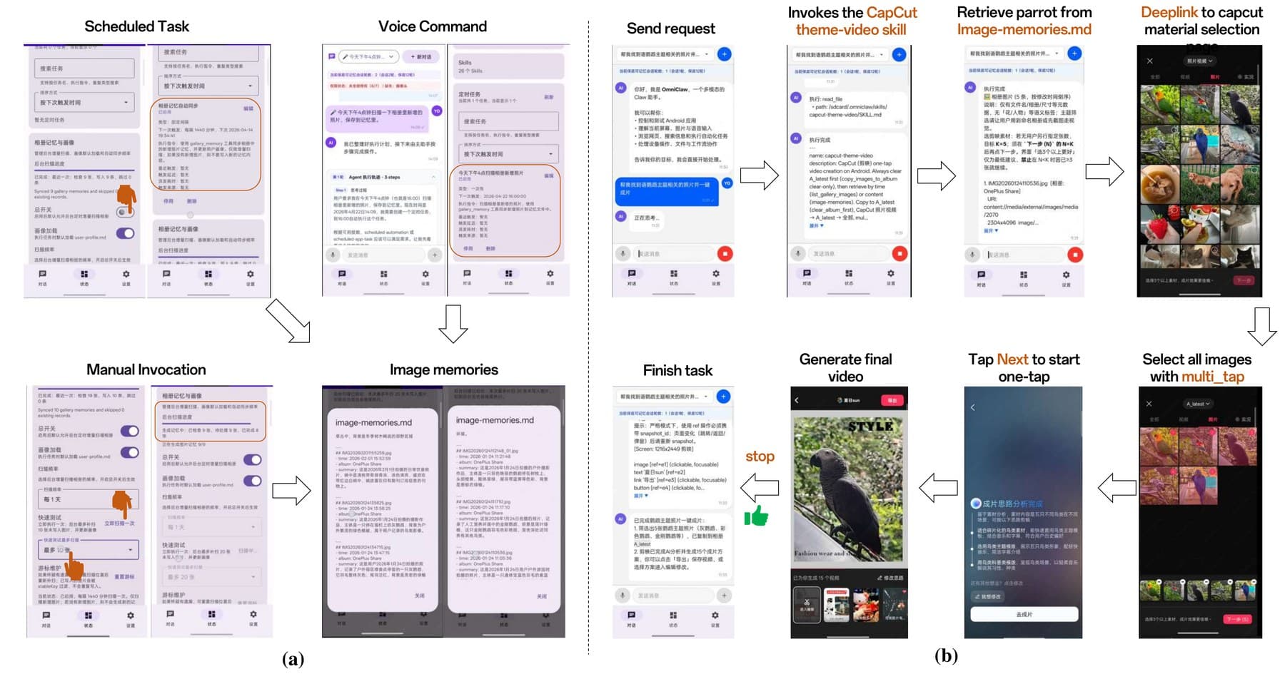 From a voice request for a parrot album, the agent searches its condensed gallery memory for matching photos and hands them off to CapCut.