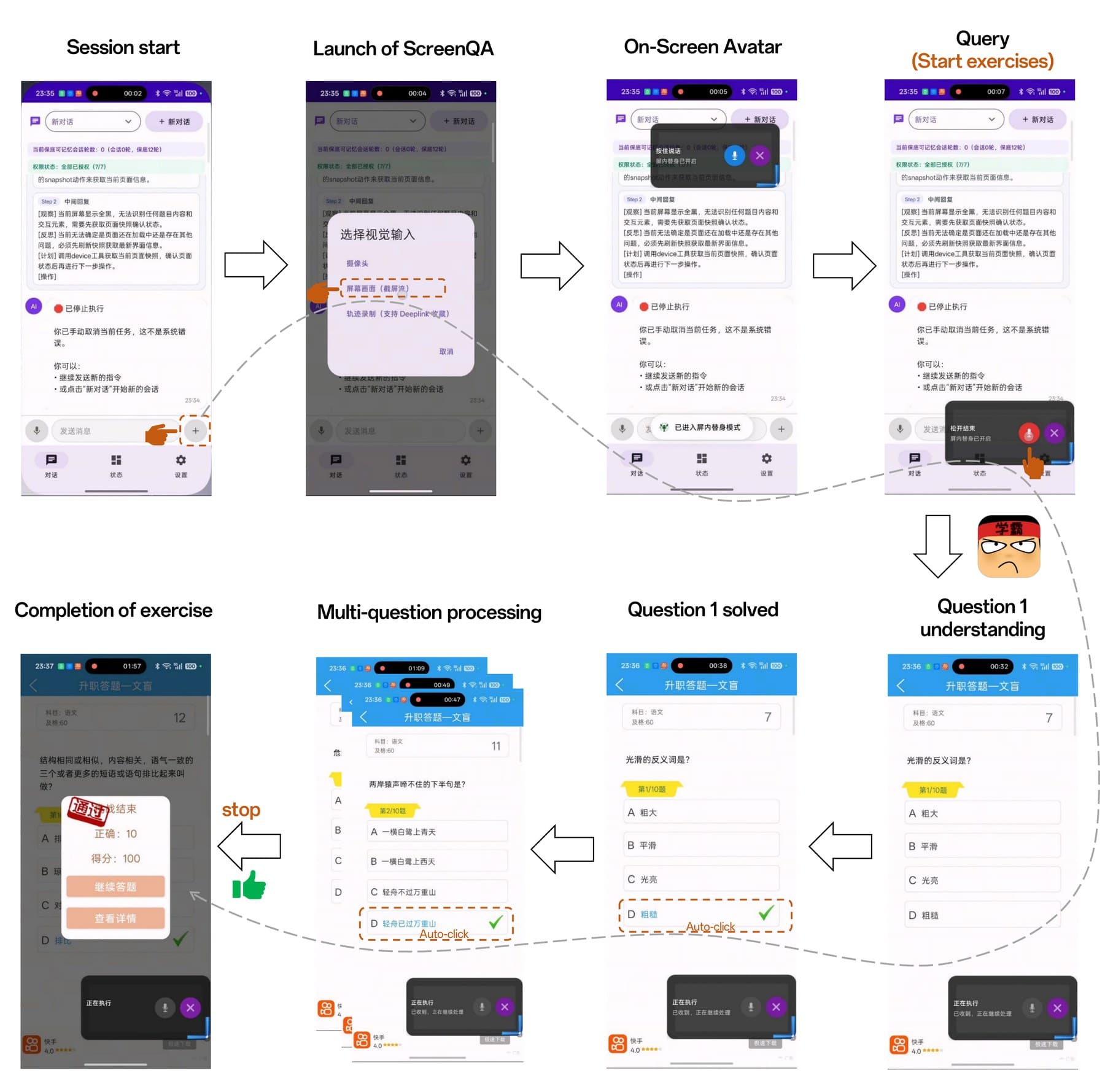 As a "ScreenAvatar," X-OmniClaw works through practice problems in sequence, tapping correct answers on its own.