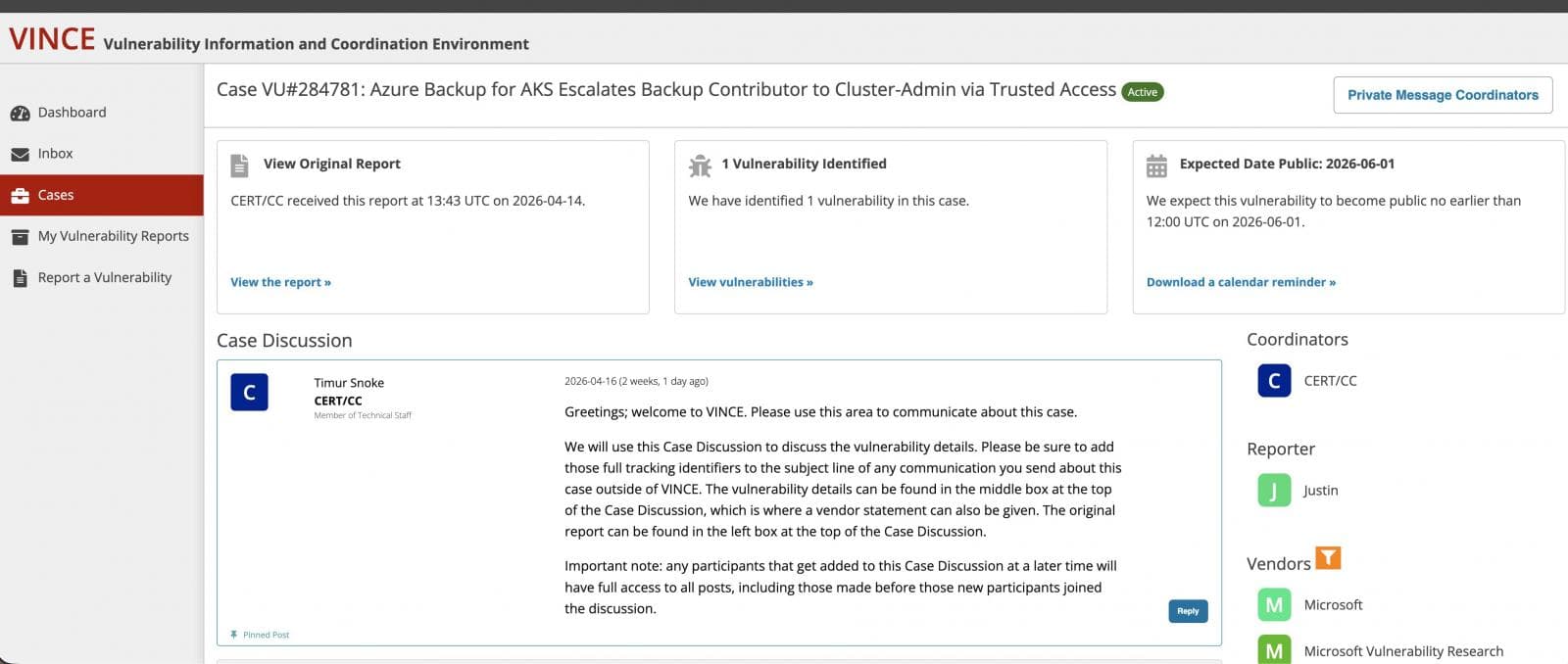 CERT assigning the flaw a disclosure date and tracking identifier