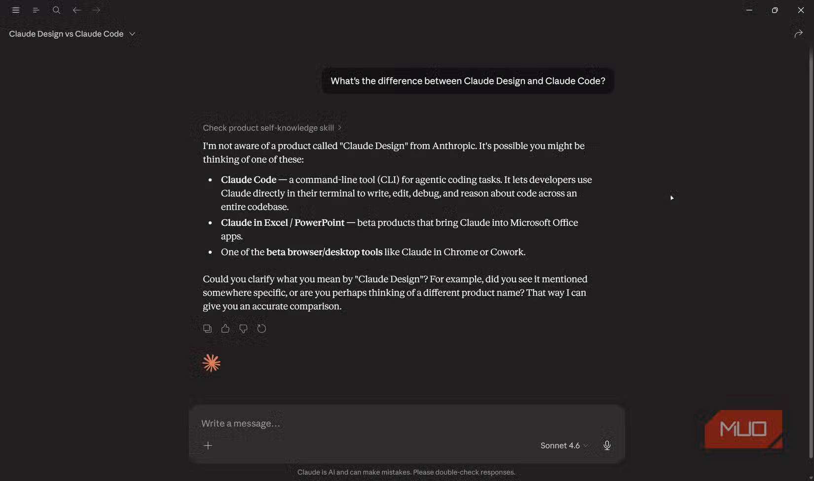 Claude chat question about Claude Design.