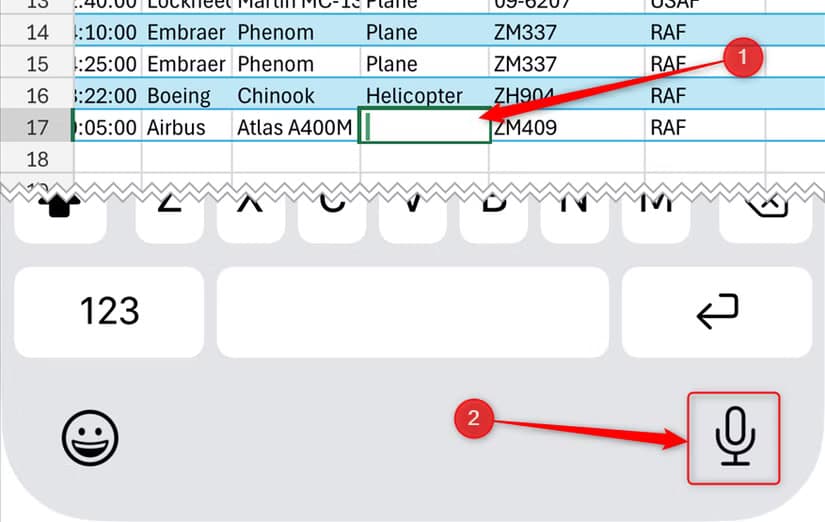 A cell is activated in the Excel mobile app, and the microphone icon in the keyboard section is highlighted.