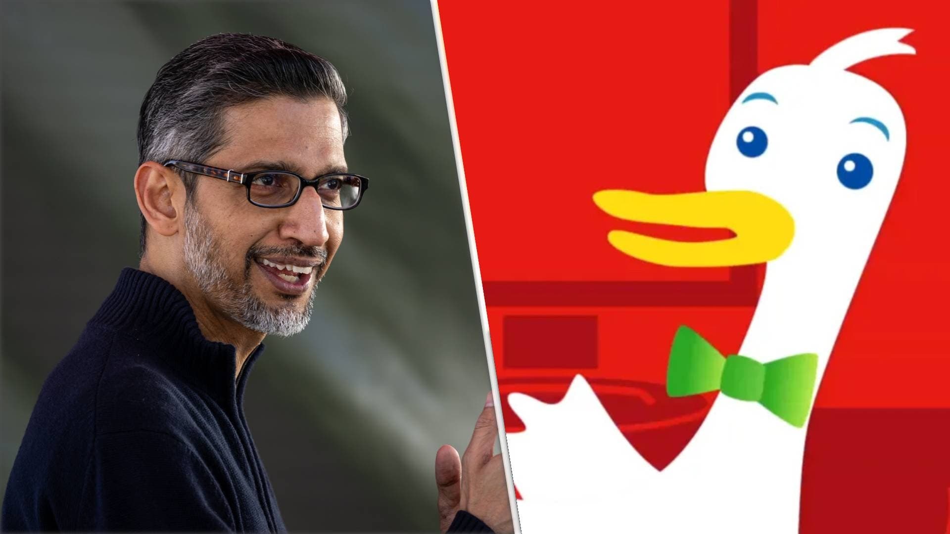 images set in opposition, headshot of Google CEO Sundar Pichai vs. DuckDuckGo cartoon duck mascot