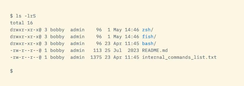 The ls command with the -s option sorting files in order of size.