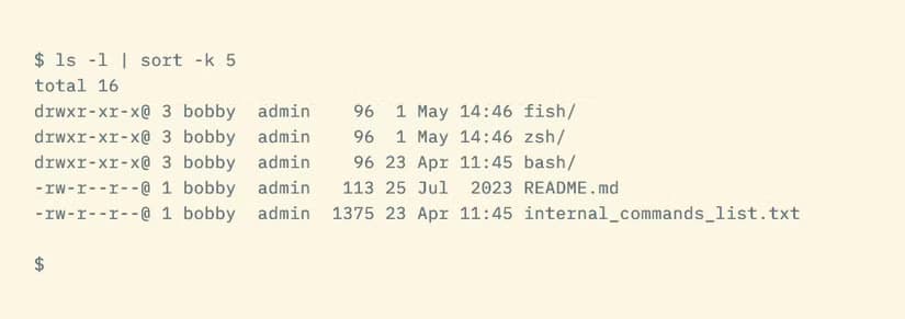 The ls command piped to sort to order files by size.