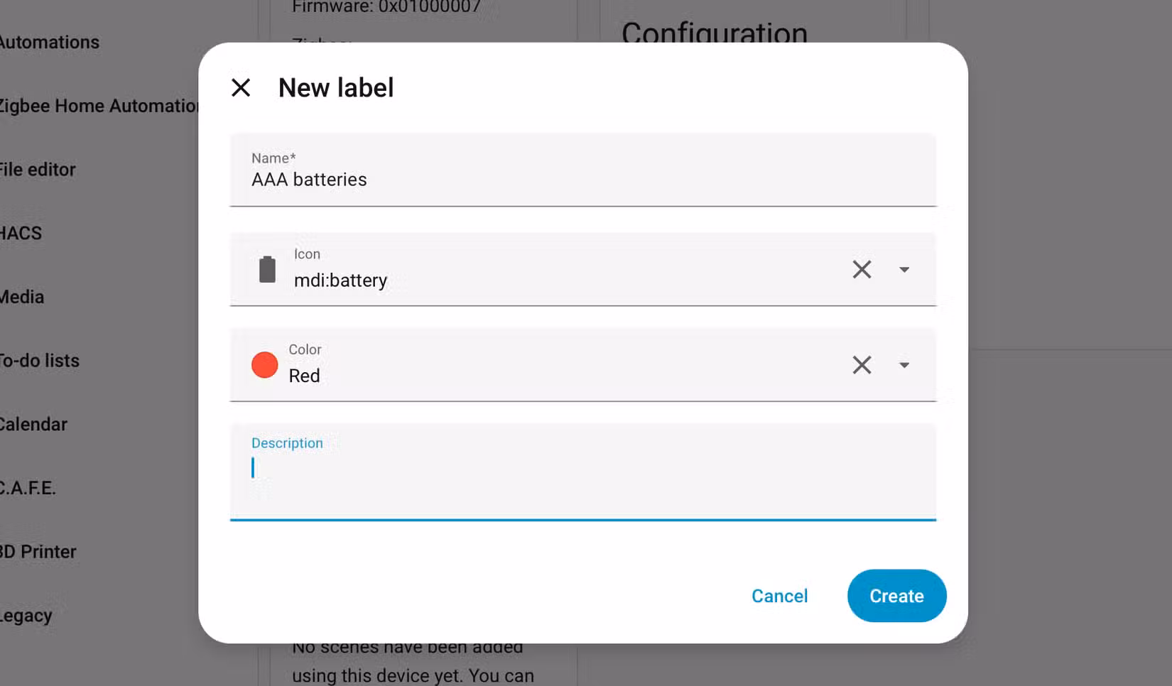Creating a new label in Home Assistant for AAA batteries.