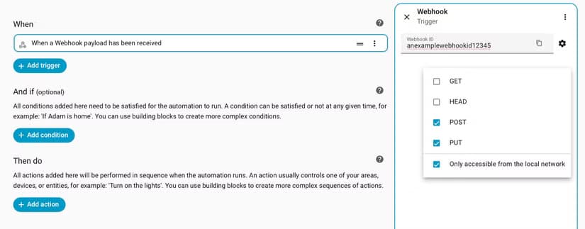 The webhook trigger in an automation in Home Assistant.