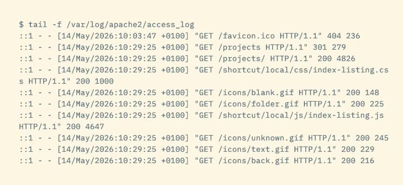 The tail command, run with the -f option, showing lines from an apache access log.