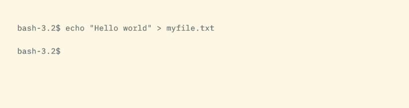 A command redirecting its output to a file, with no output shown on screen.