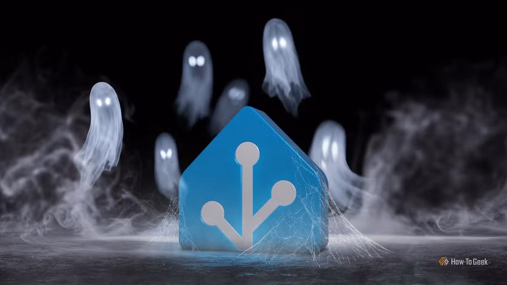 Ghostly figures haunting a blue Home Assistant logo in a dark, smoky setting.