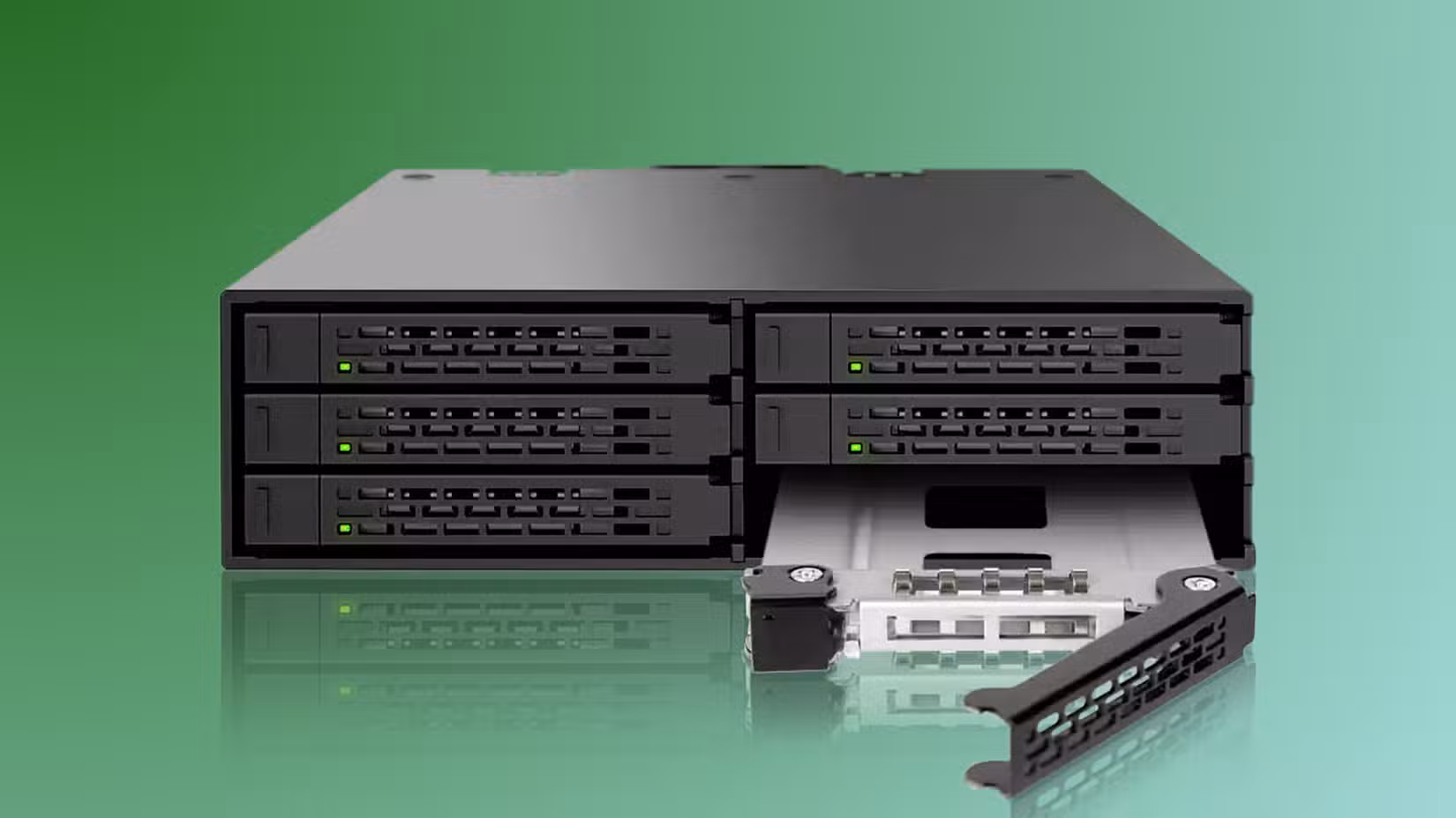 A 2.5-inch SAS SATA HDD & SSD Cage for External 5.25-inch Bay against a green background. .