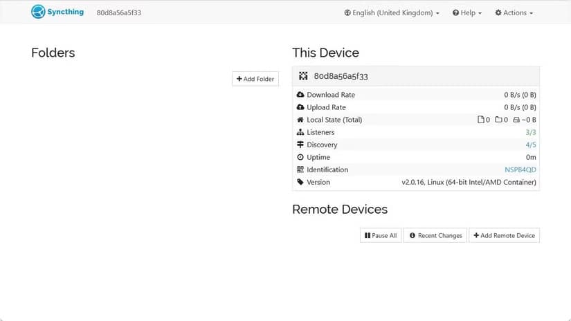 SyncThing running without any folders synchronized.