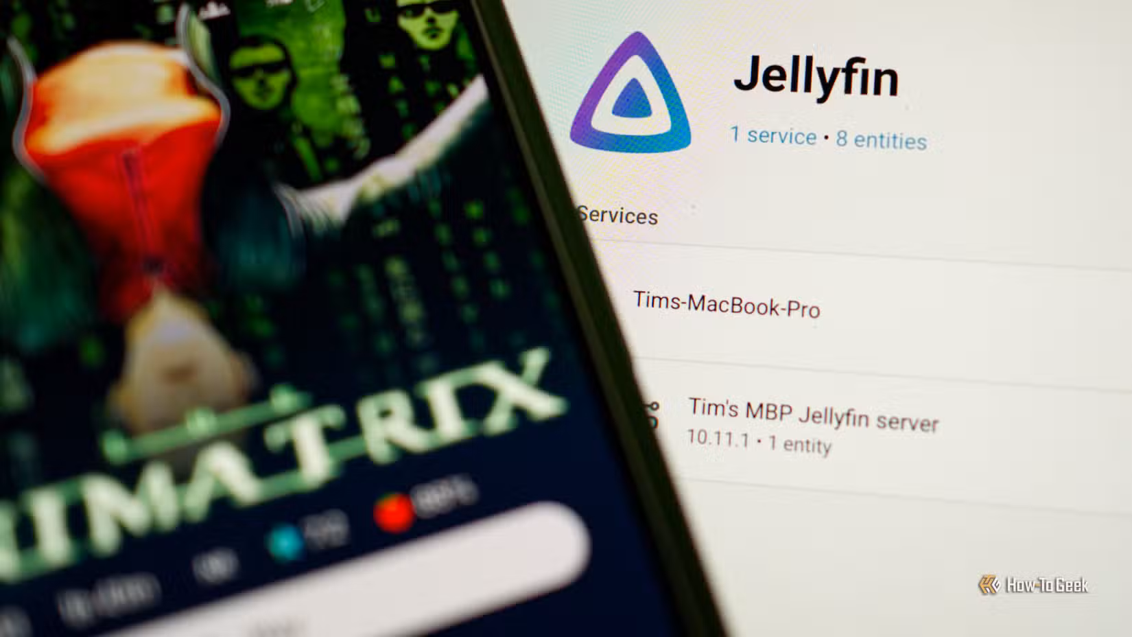 Jellyfin Home Assistant integration with an iPhone about to play the Animatrix.