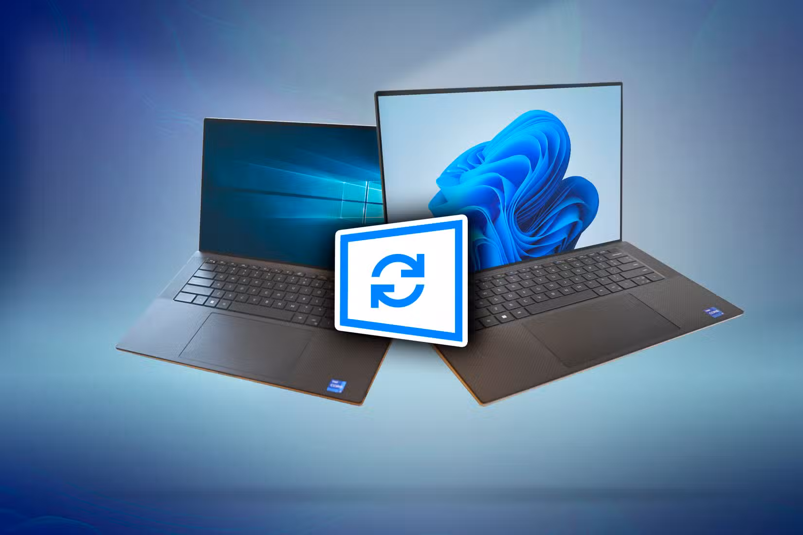 Laptop with Windows 10 on the left, and laptop with Windows 11 on the right, with an update icon in the center.