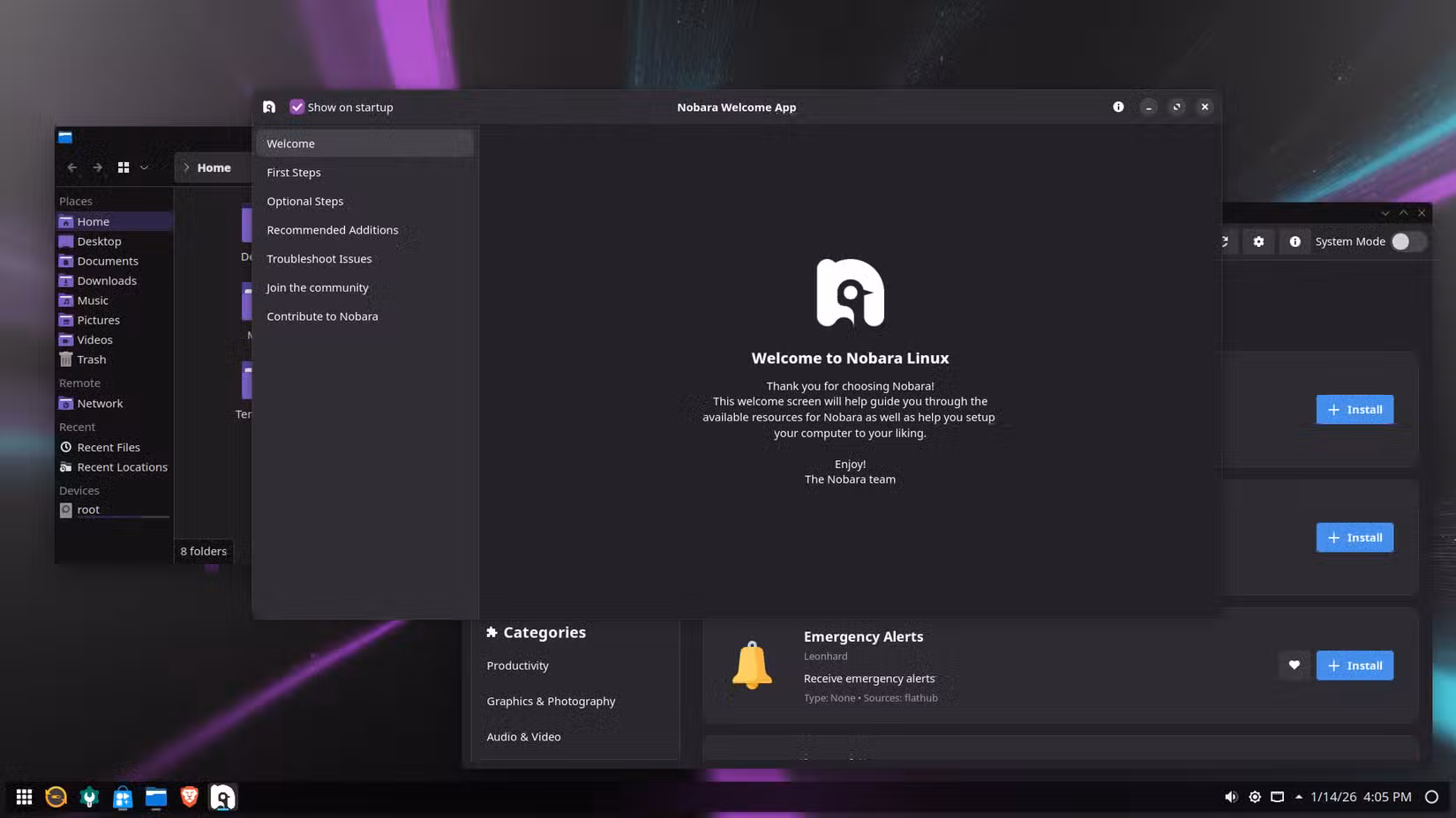 Nobara Linux welcome message on a KDE desktop.