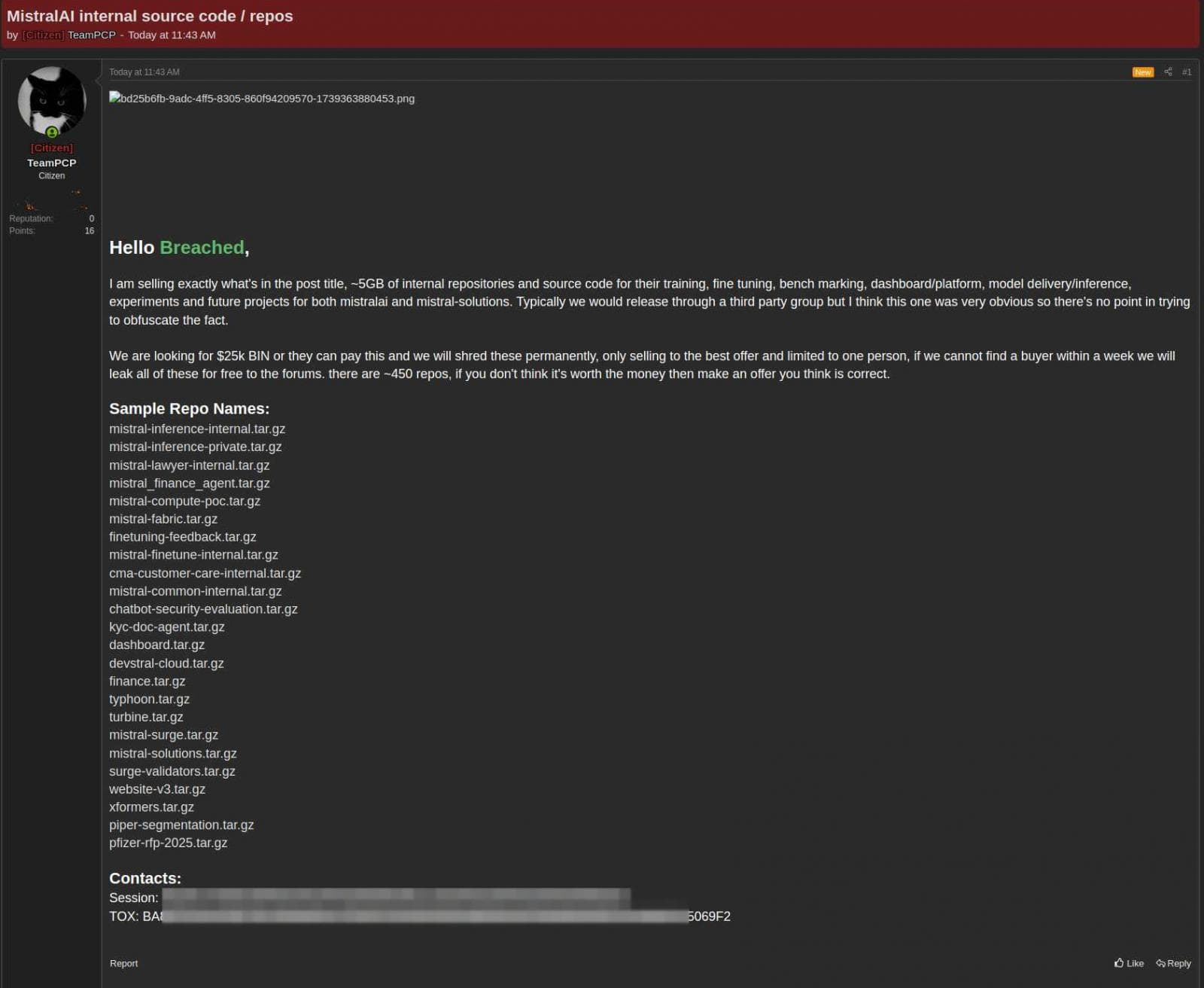 TeamPCP hackers offering to sell Mistral AI data