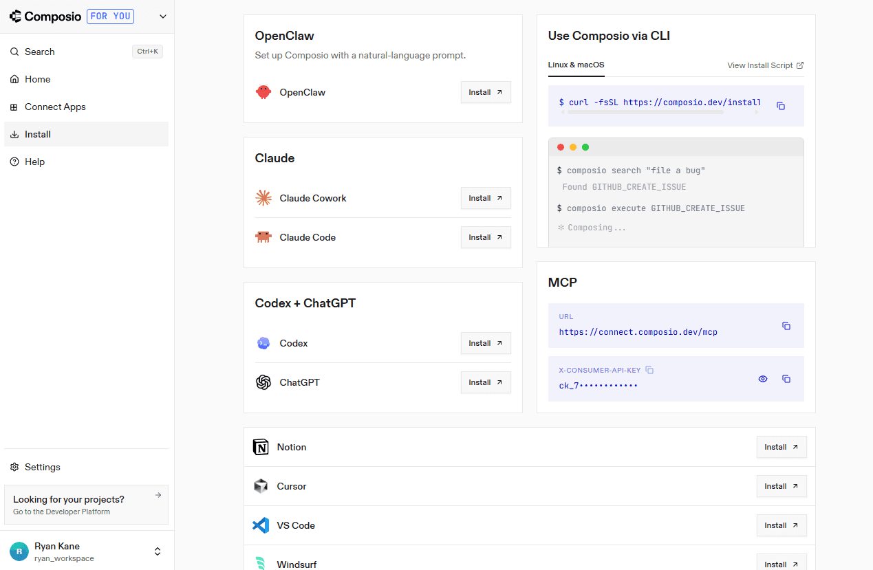The Composio For You dashboard