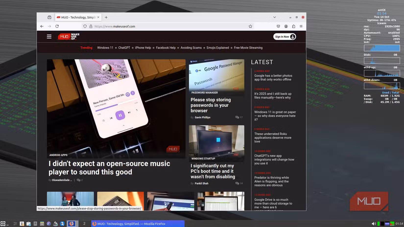 AntiX Linux desktop with web browser.