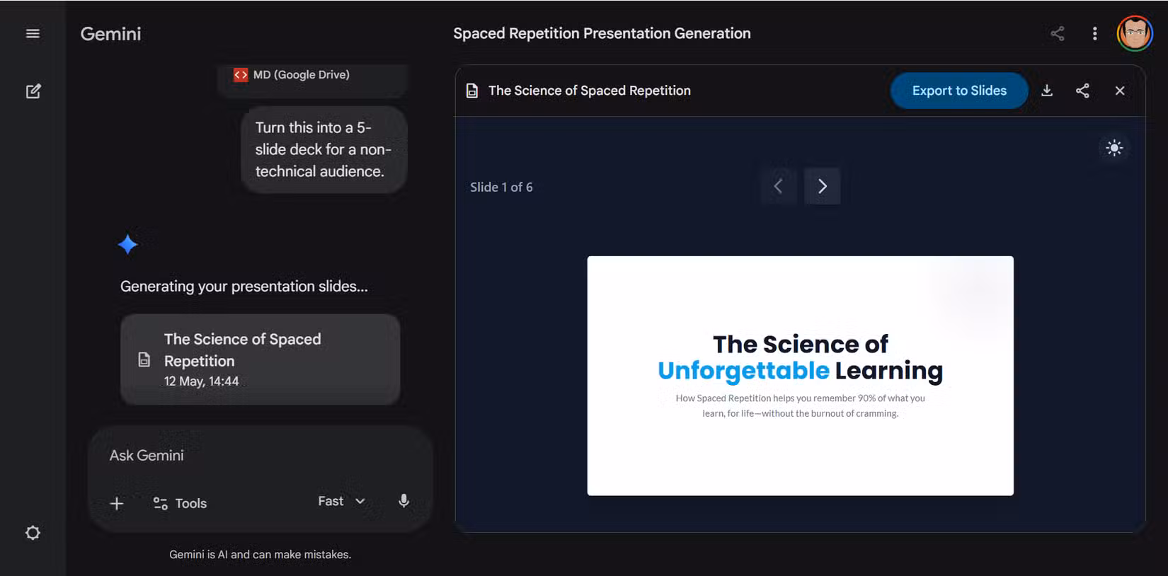Gemini generating a structured 7-slide outline from an Obsidian note with an audience-specific prompt.