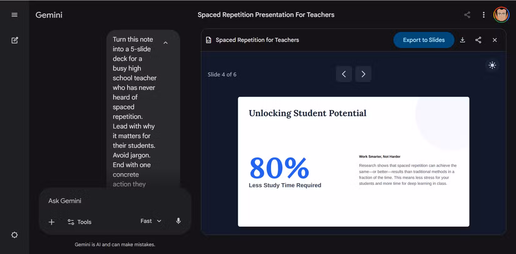 An example of how a specifc prompt leads to better slides.