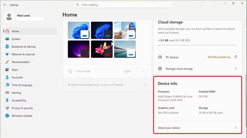 The Home page now has a Device Info section.