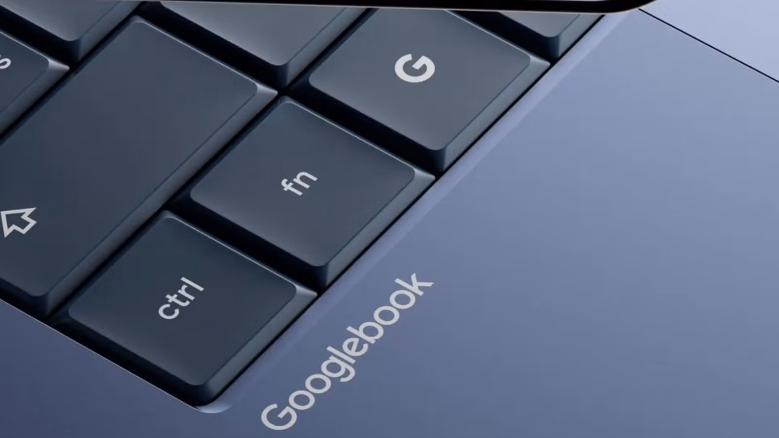 Close-up of Googlebook logo on the body of an Android laptop