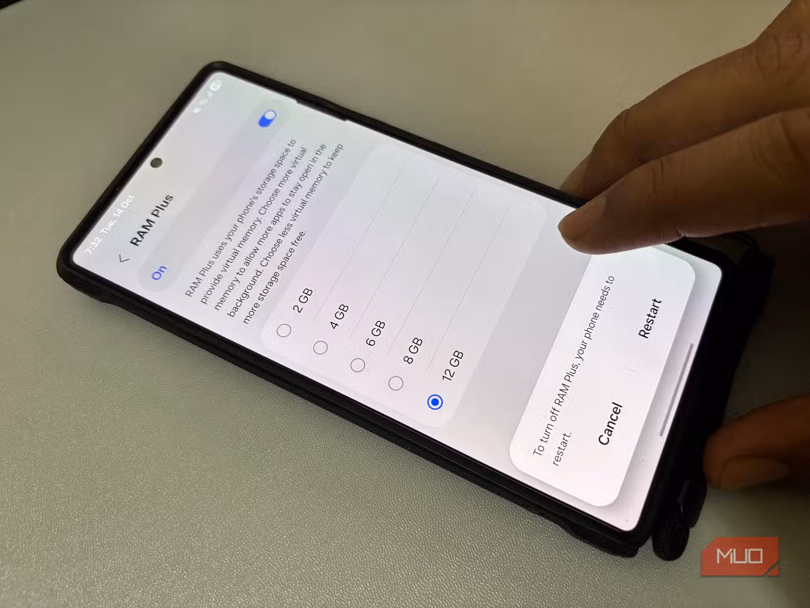 A person adjusting RAM Plus settings on a Samsung phone