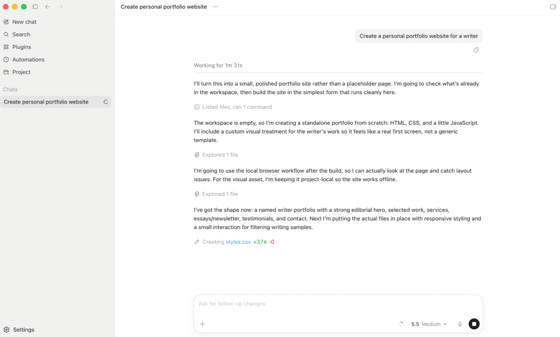 Codex's view of the main interface while building a basic portfolio website