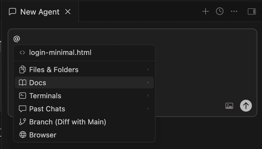 When you type the @ sign, Cursor opens a dropdown menu where you can select which context to add to your prompt