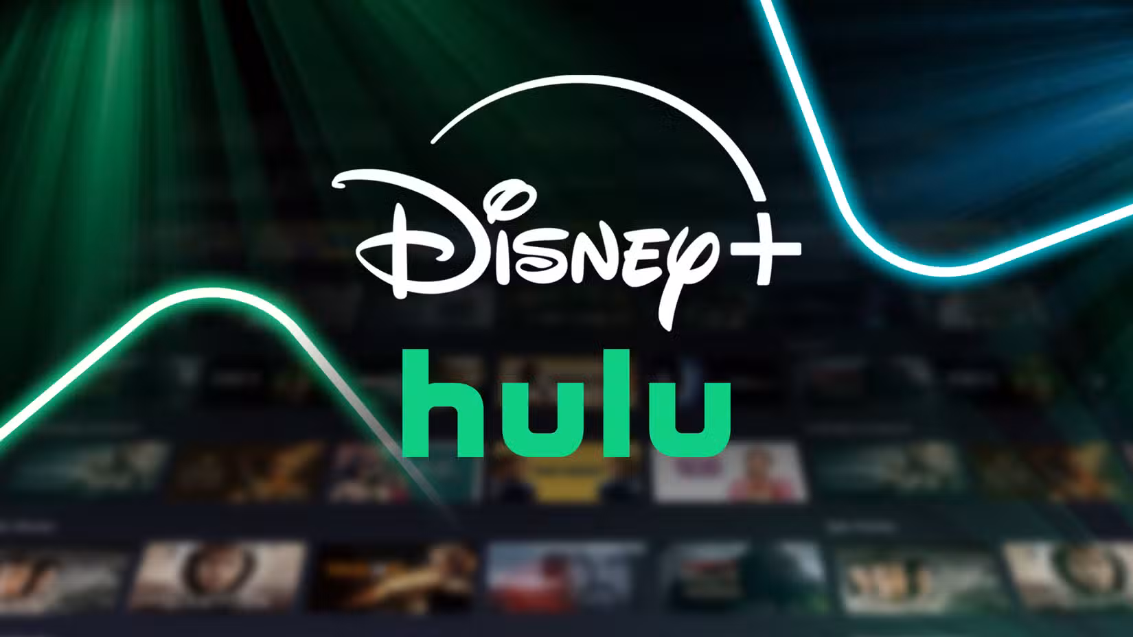 Disney+ and Hulu logos centered over a blurred streaming interface with neon green and blue light streaks.