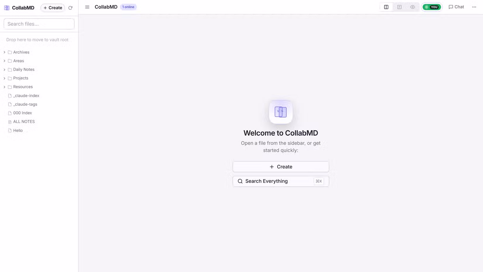 CollabMD welcome screen showing the vault folder structure in the sidebar with Create and Search Everything buttons.