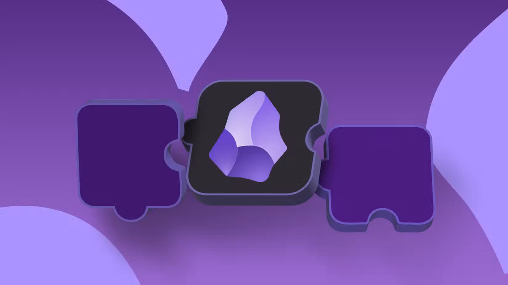 Illustration of the Obsidian app logo centered inside a puzzle piece, connecting with two other puzzle pieces on each side.