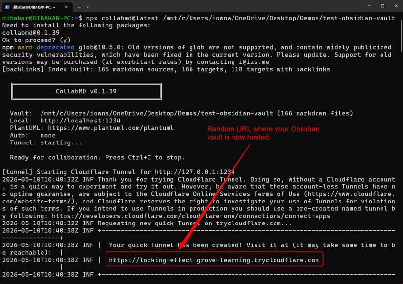 WSL 2 terminal showing the npx collabmd@latest command starting CollabMD v0.1.39 and generating a Cloudflare Quick Tunnel URL.