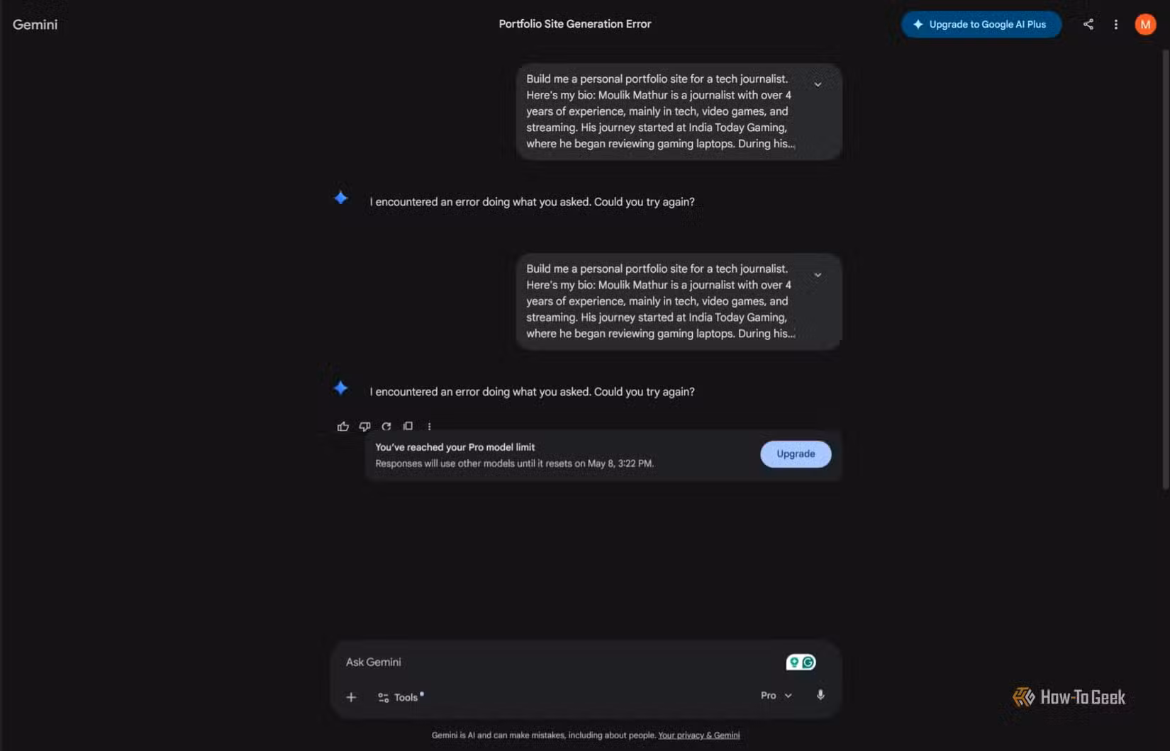 Errors shown by Google Gemini after prompts