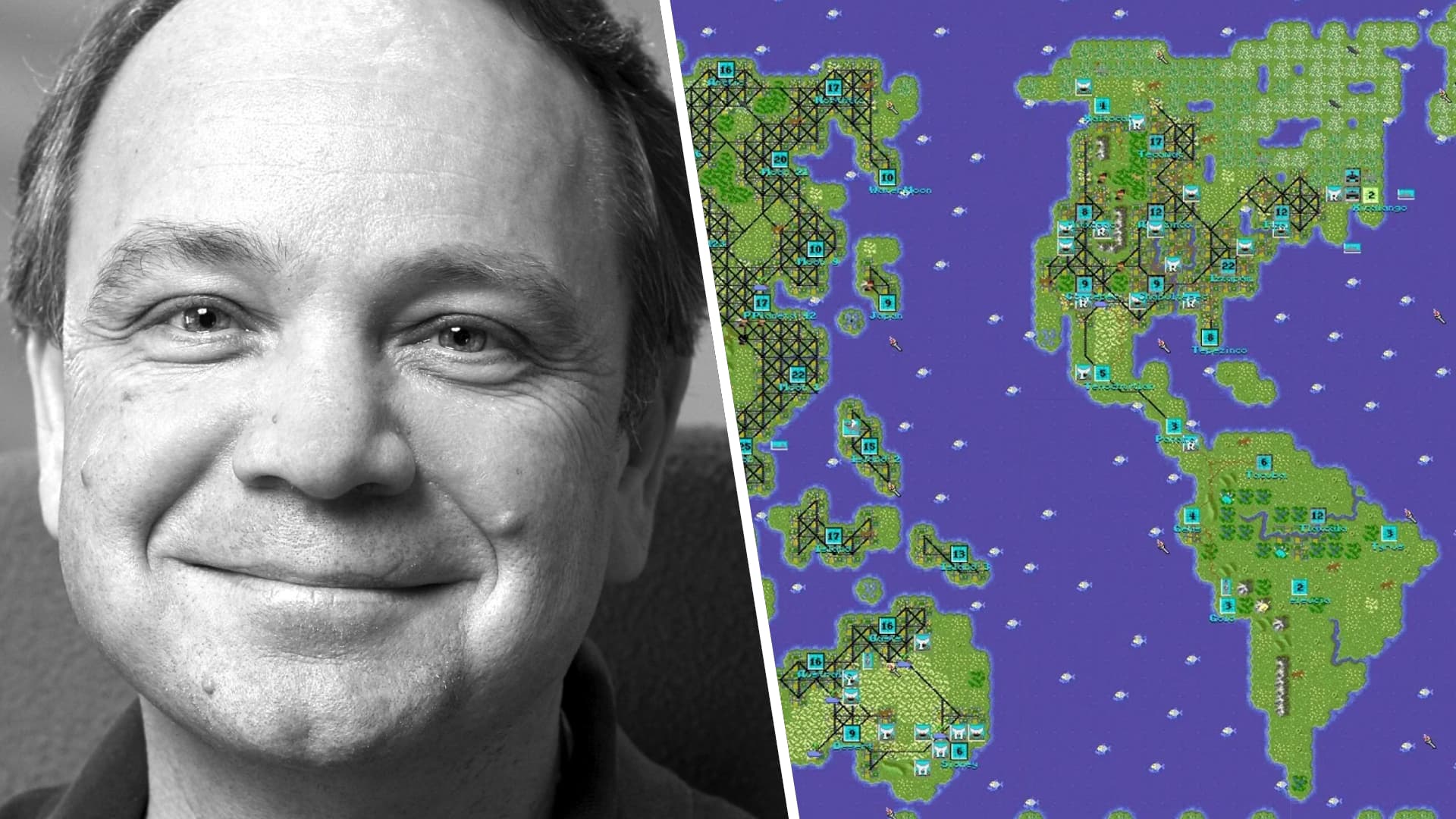 A split image with Sid Meier (left) and a map from Civilization (right)