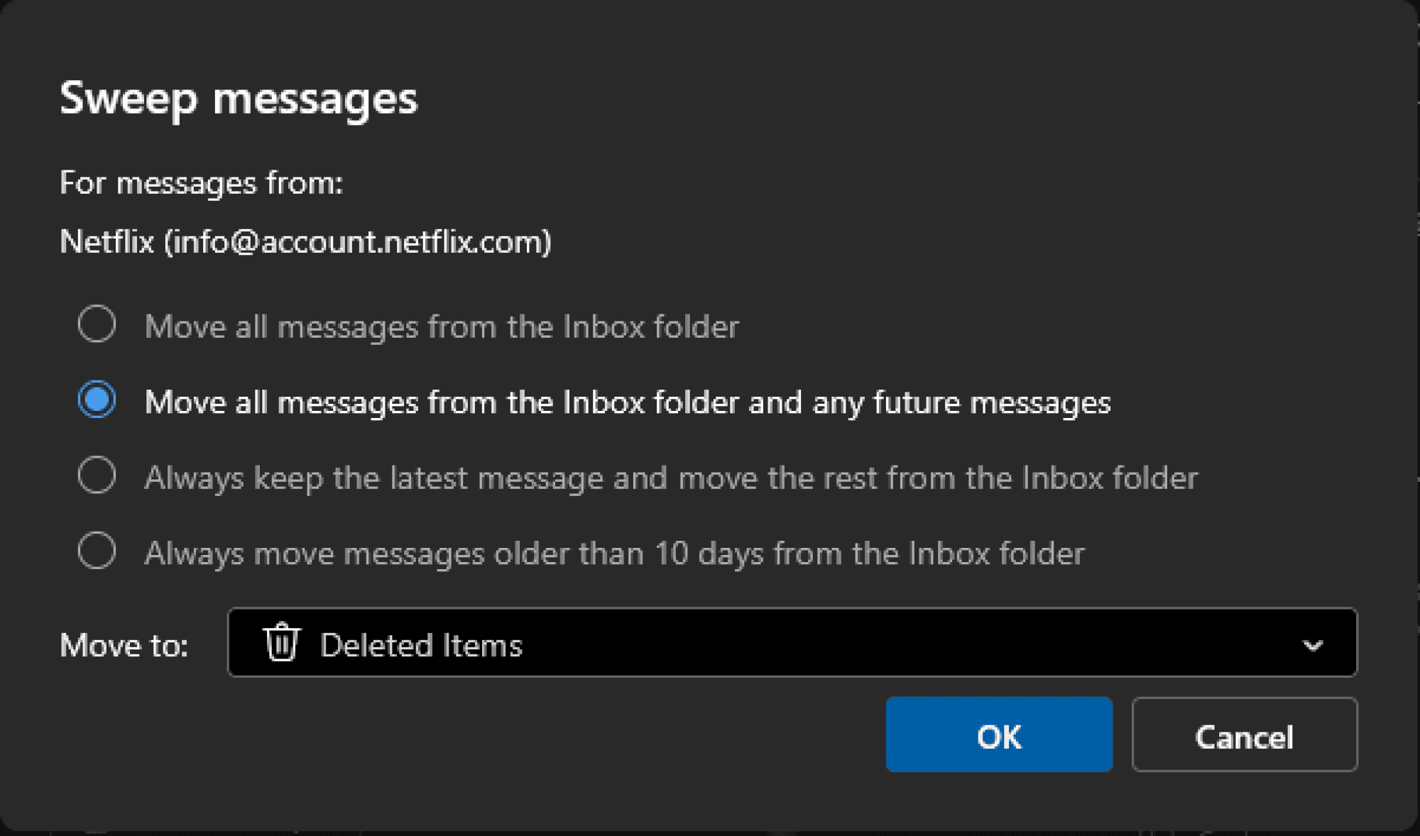 Running an inbox sweep in Outlook.
