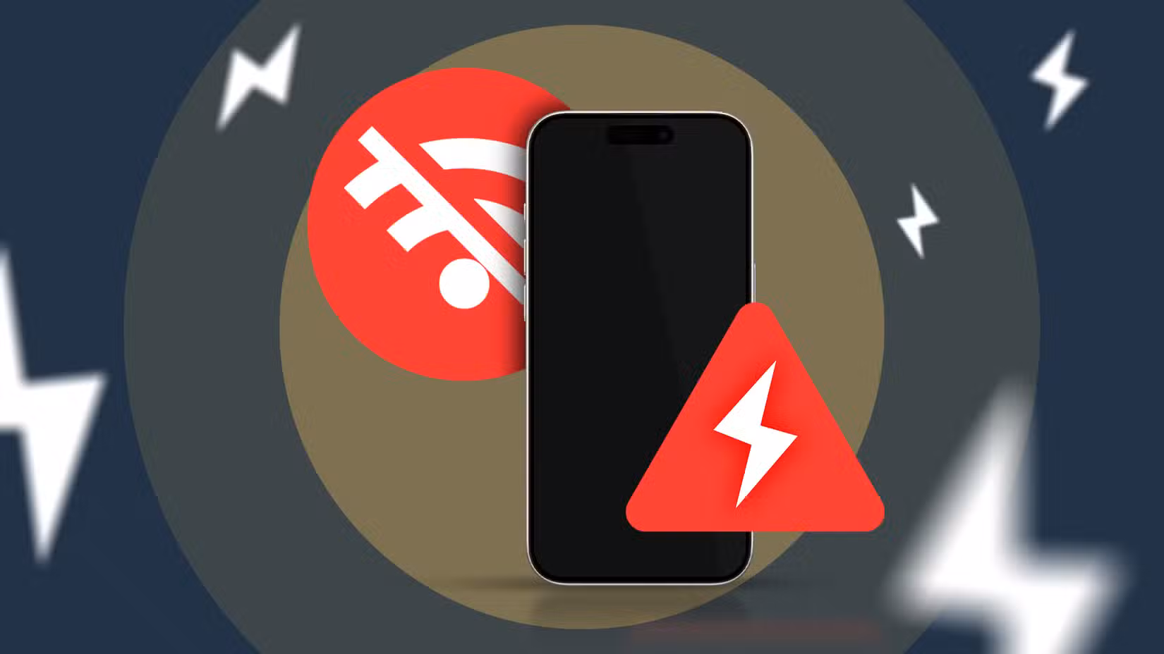 Smartphone illustration with red warning symbols indicating connection failure and network outage