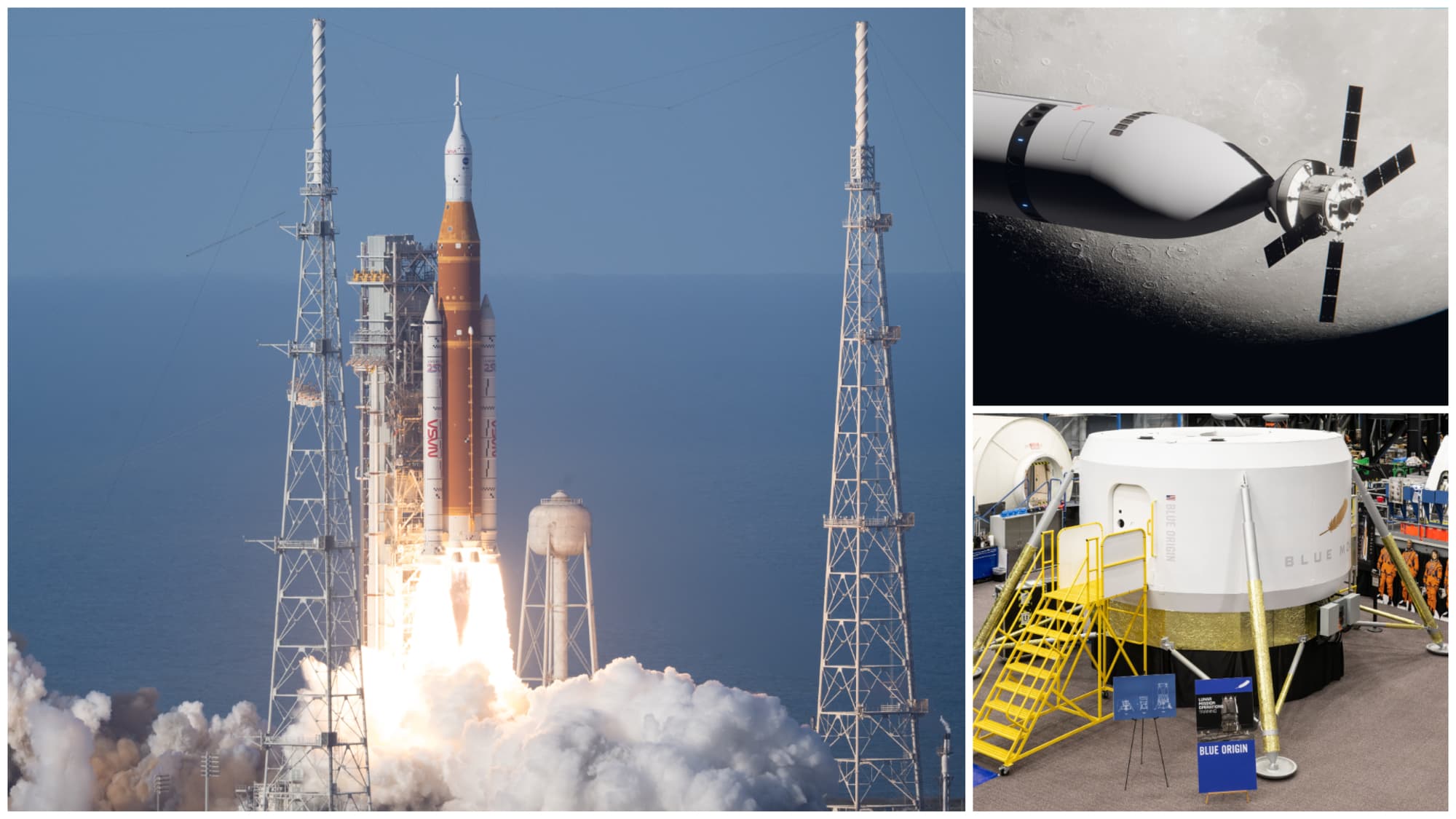 A collage of three images showing NASA's Artemis 2 launch, SpaceX's Starship docked to Orion and the Blue Moon lander