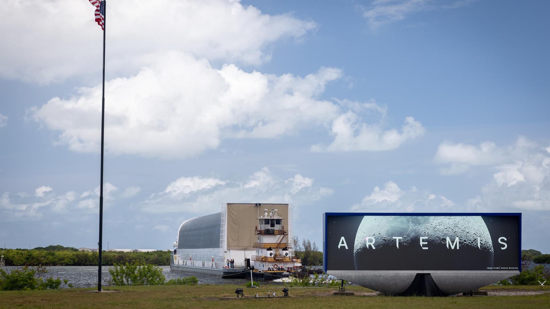 NASA’s Pegasus barge, carrying the top four-fifths of the agency's Space Launch System core stage for the Artemis 3 mission, arrives at NASA’s Kennedy Space Center Complex 39 turn basin wharf in Florida on April 27, 2026.