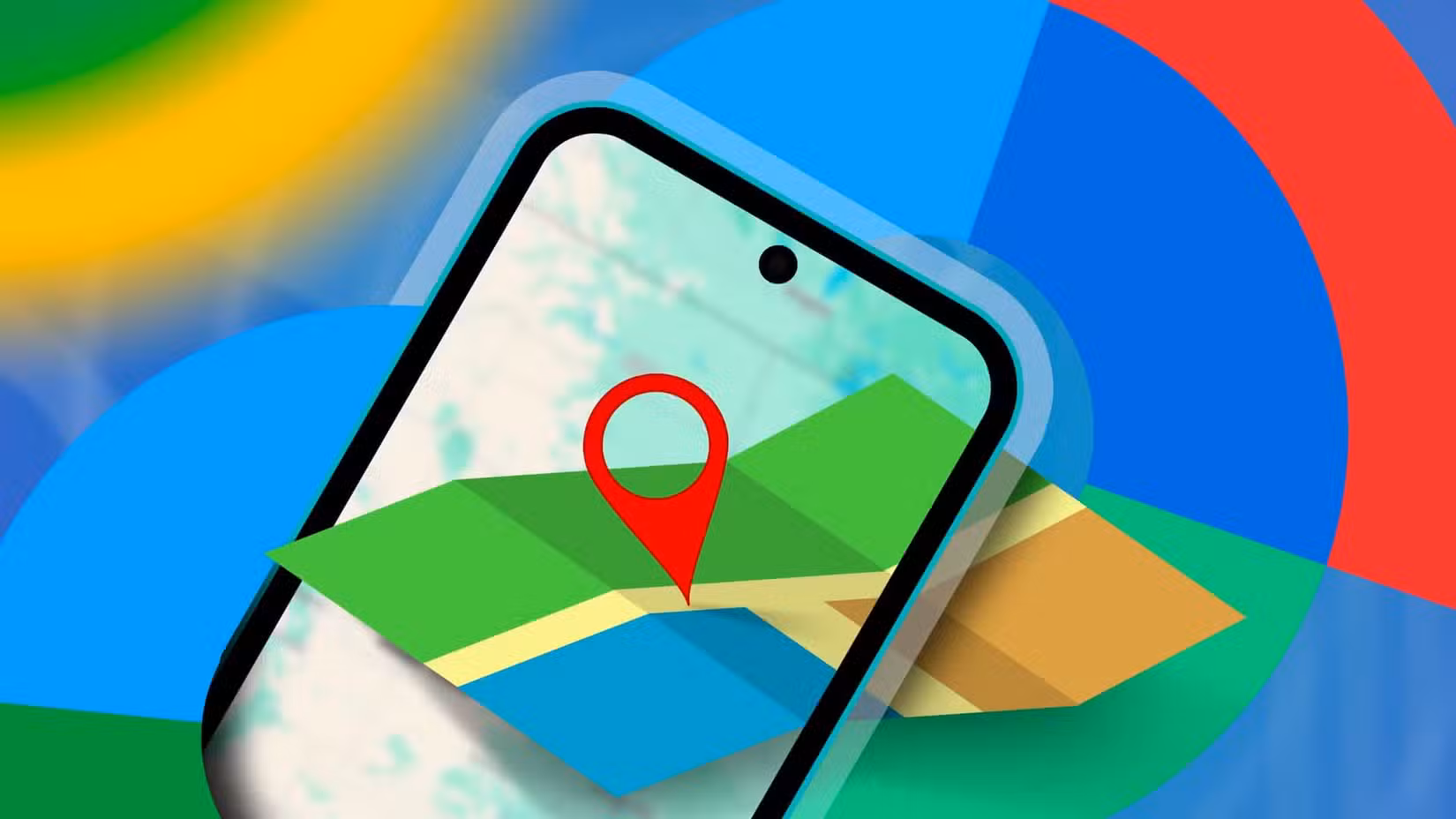 A phone with the Google Find My Device logo around it and a map with a pin coming out of the screen.
